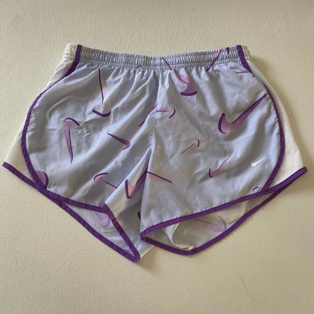 Nike Dri-Fit Running Shorts L Purple Swoosh Print Lightweight Activewear